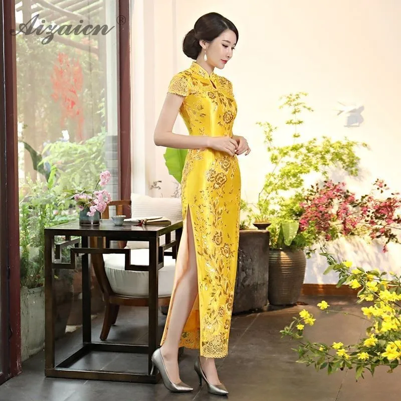 Qipao lentejuelas vestido Cheongsam del amarillo Qi Pao estilo восточные vestidos tnunica Chinoise bordado tradicional vestido