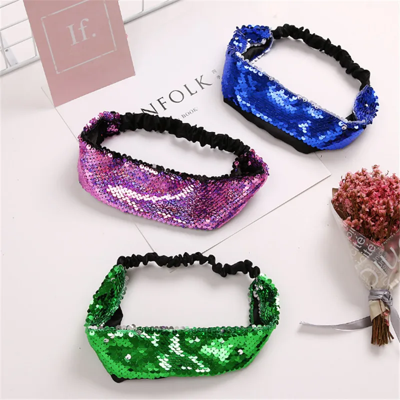 10 шт./лот Мода Обратимым блестками Hairbands повязки на голову для девочек широкие наголовный обруч для девочек ленты для волос подросток аксессуары для волос