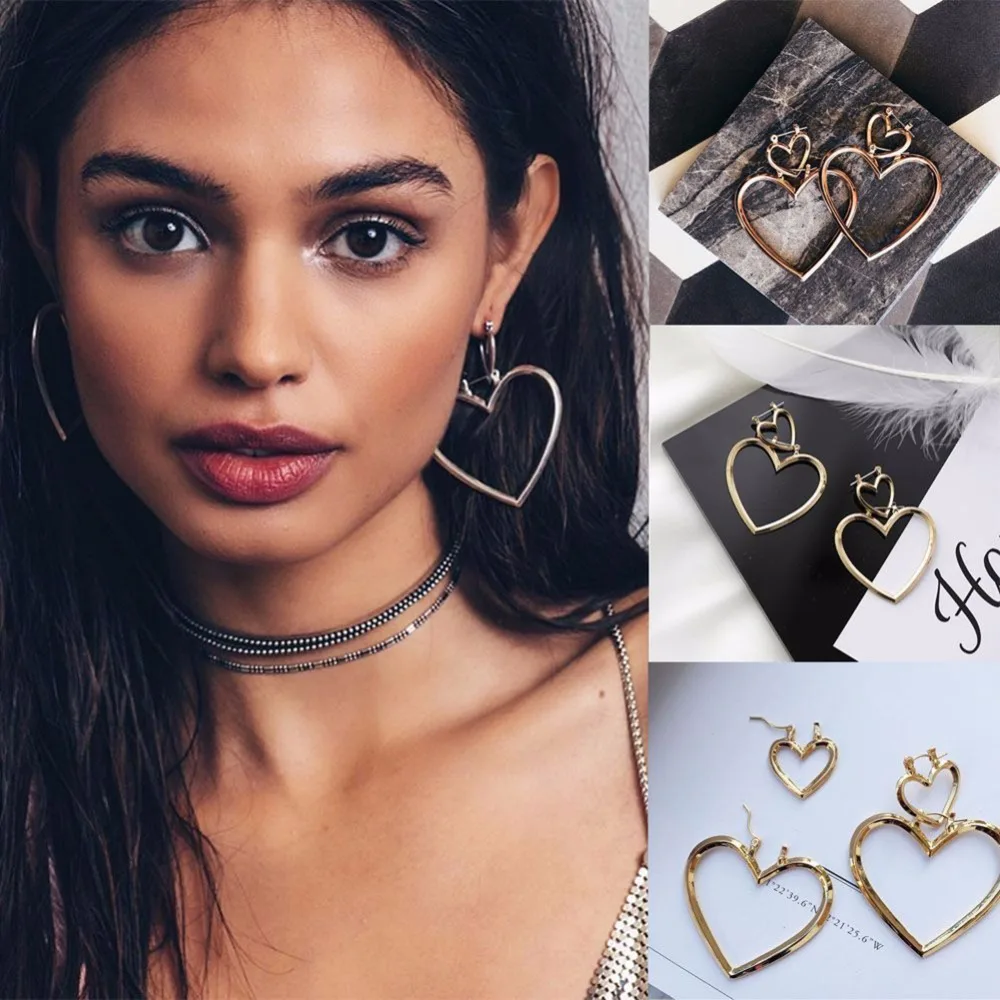 1 Pair Hollow Dangle Double Heart Earrings Gold Ear Studs Fashion Vintage Punk Jewelry Gift