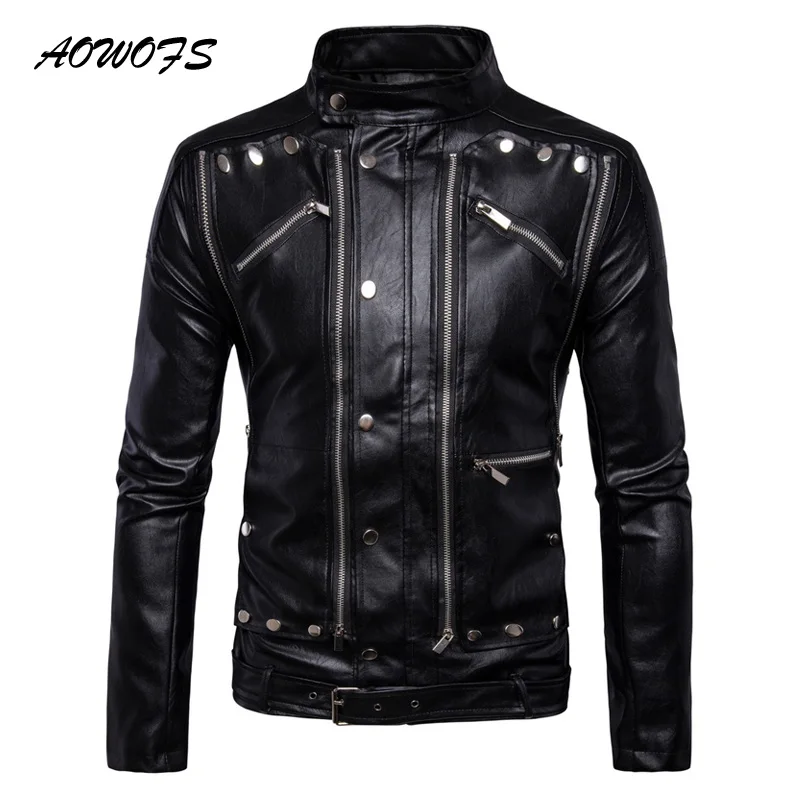 AOWOFS Luxury Leather Jackets Men Multi Zippers Rivets Punk Leather