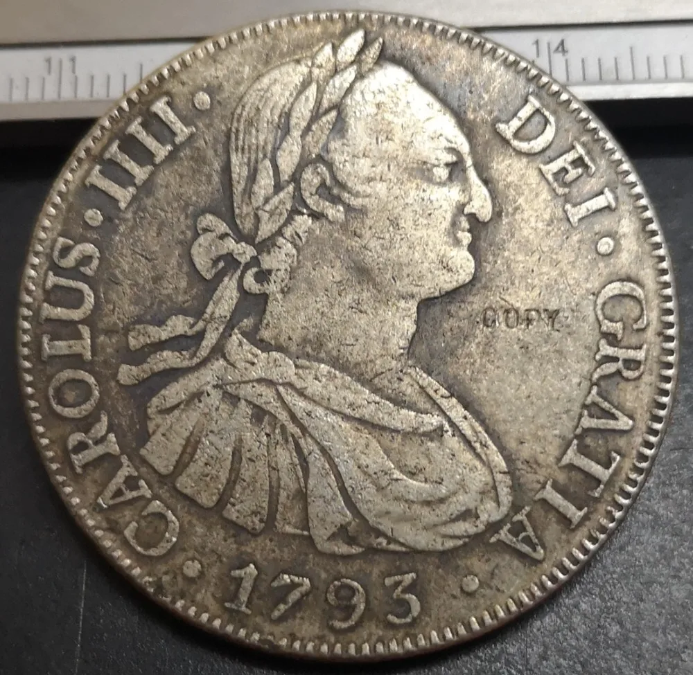 1793 Боливия 8 реалов Карлос IV Посеребренная КОПИЯ монета|Безвалютные монеты| |