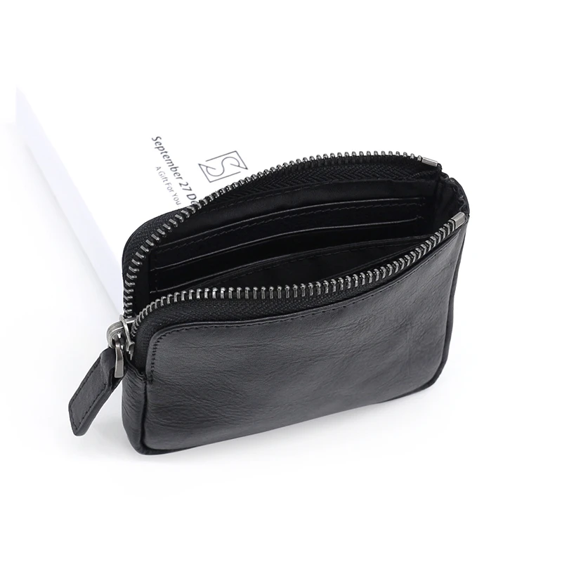 Zipper Wallets Women Genuine Leather Men Coin Purses Vintage Small Change Purses Wrinkled Cowhide Pouch Credit Card Money Bag