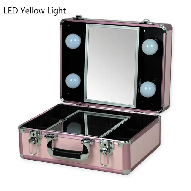 Aluminum Lighted Makeup Box Portable Beauty Case with 4 Bulbs LED