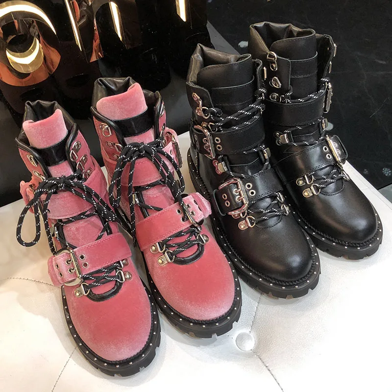 

SKYYUE Genuine Leather Metal Studded Punk Women Boots Gladiator Lace Up Low Heel Women Boots Motorcycle Winter Boots