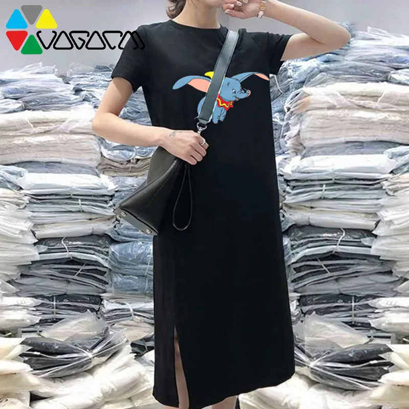 

2019 Summer Women's Dress Plus Size Korean Fashion Casual New Cartoon Print Dumbo Female Dresses O-Neck Women Dress Maxi Dresses