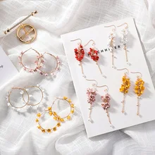 Корейские новые женские цветочные летние серьги-кольца, аксессуары Aros Mujer, ювелирные изделия с длинной металлической кисточкой