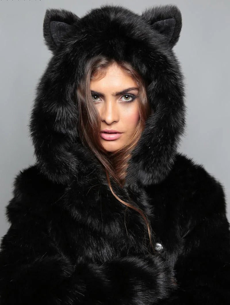 Winter Womens Long Sleeve Faux Fur Jacket Hooded With Bear Ear Cute Thick Coat Outerwear