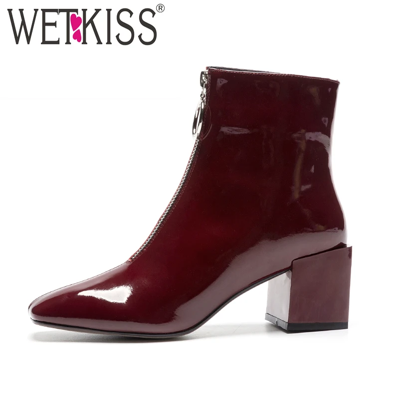 

WETKISS Patent Leather Women Ankle Boots Square Toe Rubber Footwear High Heels Female Boot Zip Shoes Woman 2018 Winter Black