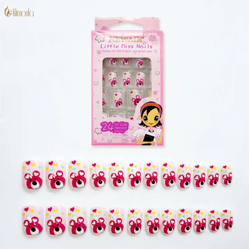 

Cute Bear Fake Nails for Kids 24Pcs/set DIY Full Cover Faux Ongles with Pre-glue Short Square Shape Pink False Art Nails DIY