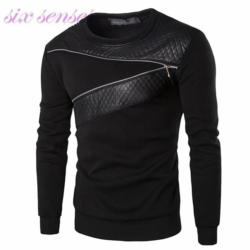 

5XL European casual men hoodies new autumn fashion slim pullover patchwork leather zipper men sweatshirt plus size,WH0050