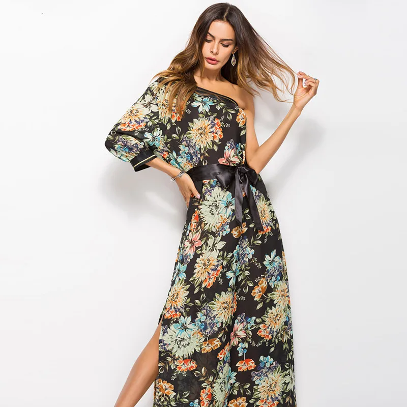 

New Bohemia summer beach long dress dew shoulder single sleeve vestidos verano black printed dresses with flowers women dress
