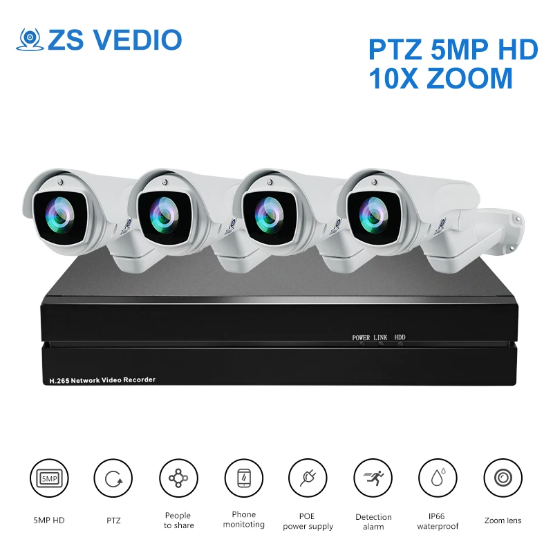ZSVEDIO H.265 PTZ 5.0MP POE 4CH NVR Kit CCTV System IP Camera 10X Zomm IP66 Outdoor Weatherproof Video Security Surveillance |