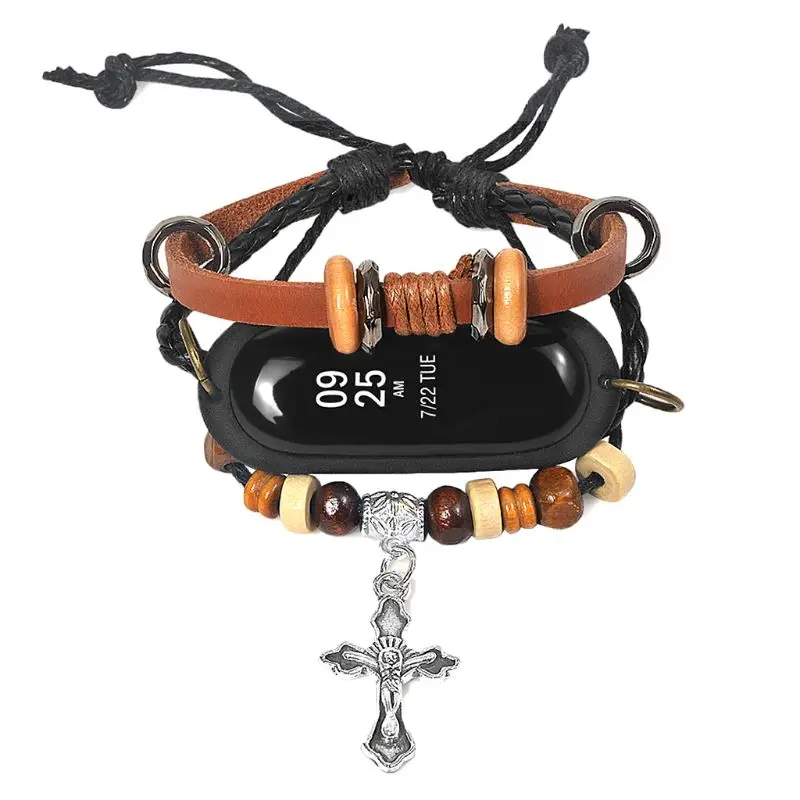 

2018 Vintage Leather Beading Weave Braided Bracelet Strap Smart Watch Replacement Straps Band For Xiaomi Mi Band 3 4