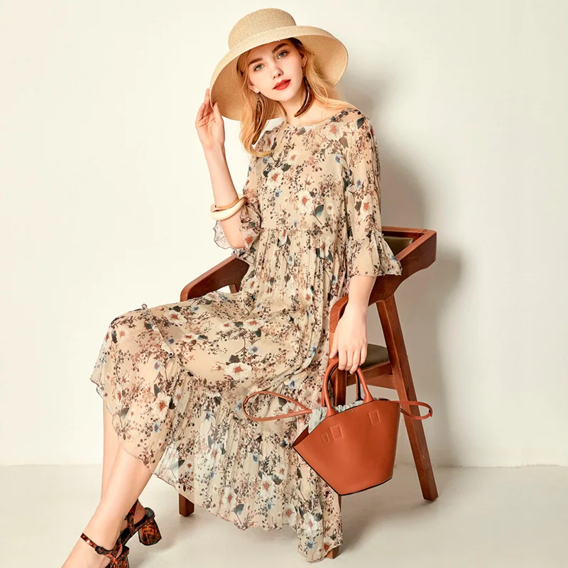 

Silk Dress 2019 Round-necked Shredded Silk Dress Medium-length O-Neck Flare Sleeve Knee-Length Print Straight Dress Women