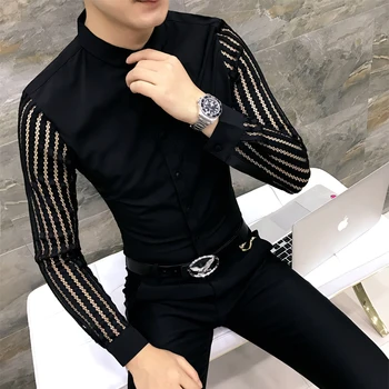 

Men Shirt 2020 Spring Hollow Lace Patchwork Long Sleeve Shirt Men Streetwear Mens Shirts Casual Slim Fit Night Club Dress Tuxedo