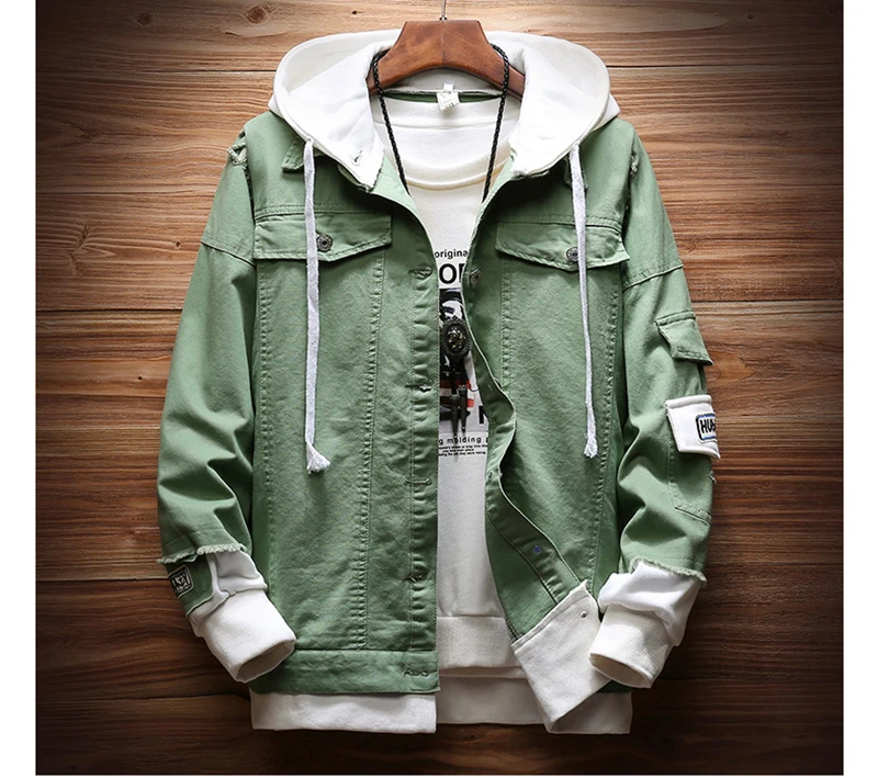 Tanie Mężczyźni kobiety 2019 nowa wiosna fałszywe dwa kawałki szwy różowy zgrywanie z kapturem kurtka dżinsowa Hip Hop Swag luźne otwory płaszcze casualowe