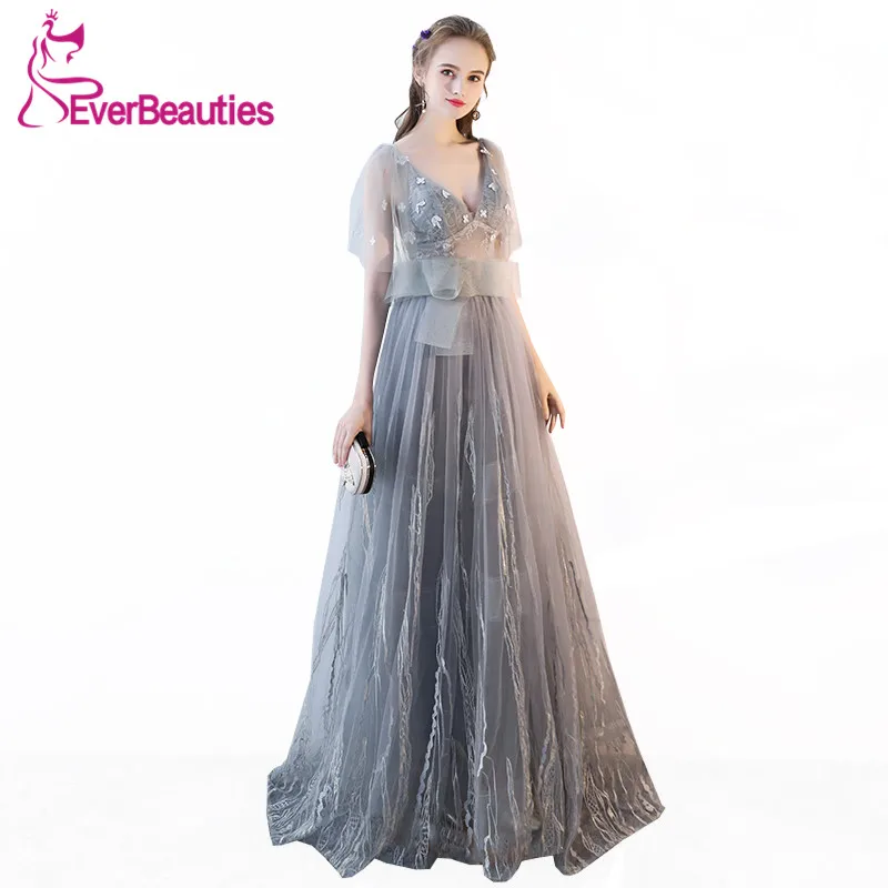 

Evening Dress 2019 Light Grey Tulle with Lace Deep V-Neck Long Prom Party Dresses Bride Banquet Robe De Soiree Abiye