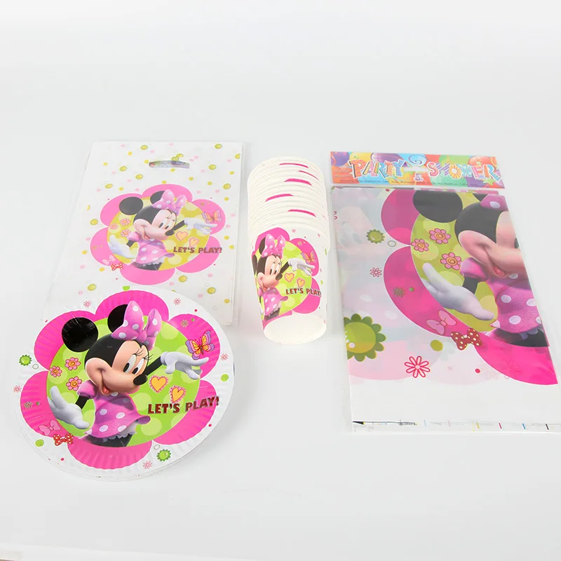 31pcs/lot Minnie Mouse supplies paper plates cups gift bag tablecover for 30 people kids birthday party supplies