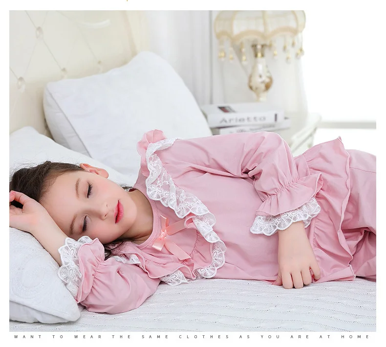 Пижамный комплект для девочек, новинка года, Детская Хлопковая пижама с принцессой с длинными рукавами, кружевная одежда для маленьких девочек, модная детская одежда для детей 2, 6, 8, 10, 11 лет