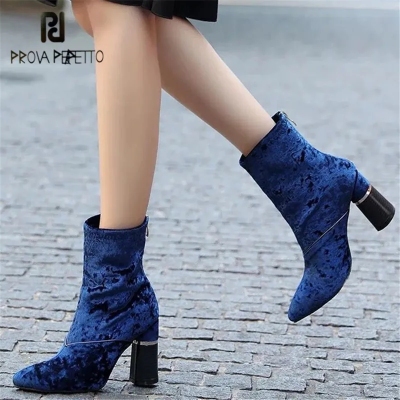 

Prova Perfetto Velvet Women Ankle Boots Pointed Toe 8CM Chunky High Heel Boot Female Winter Warm Sock Botas Mujer Martin Boot