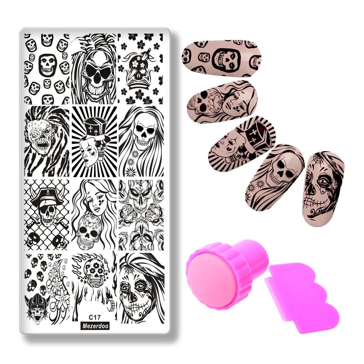 

Devil with Angel Girl Story Nail Art Image Plate+Pink Stamper Scraper Set Skull Patterns Template DIY Nail Beauty Print Stencil