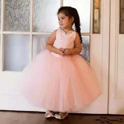 Нежно-розовый Тюль комплект из двух предметов милые 2019 бальное платье платья для девочек в цветочек свадьбы бусины ботильоны Длина