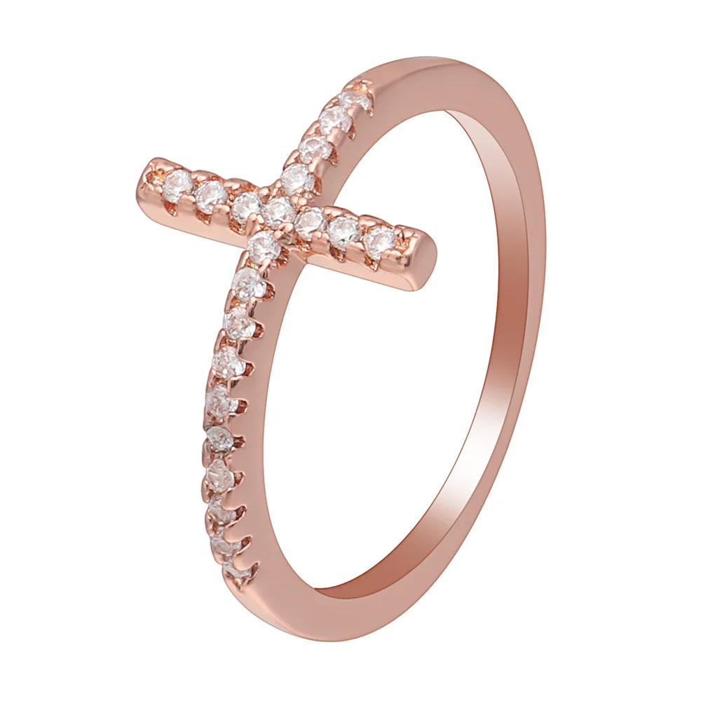 

Religious Trend Sideways Cross ring rose gold-color Czech zircon crystal vintage us 5-10 wedding ring for women