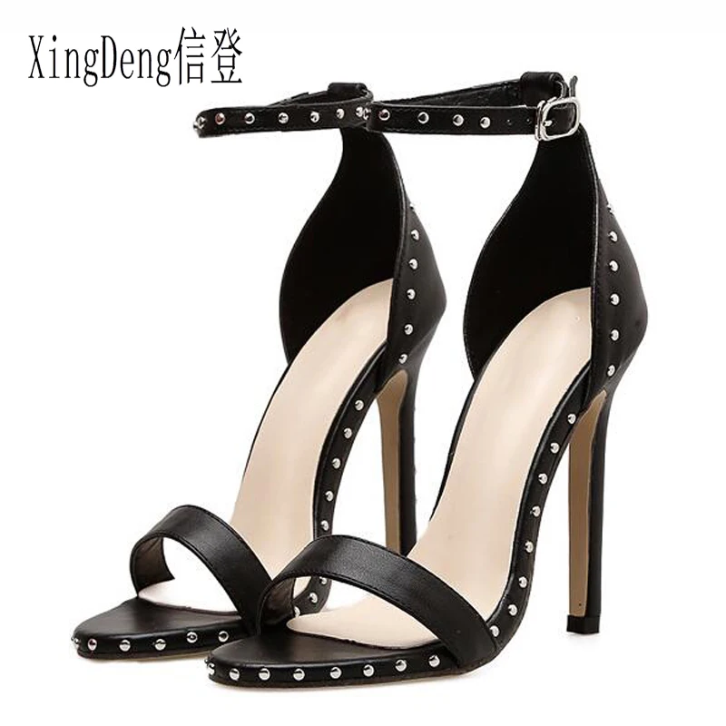 

XingDeng women summer sexy high heel ankle strap sandals shoes ladies party rivets 11.5cm heel wedding sandal shoes