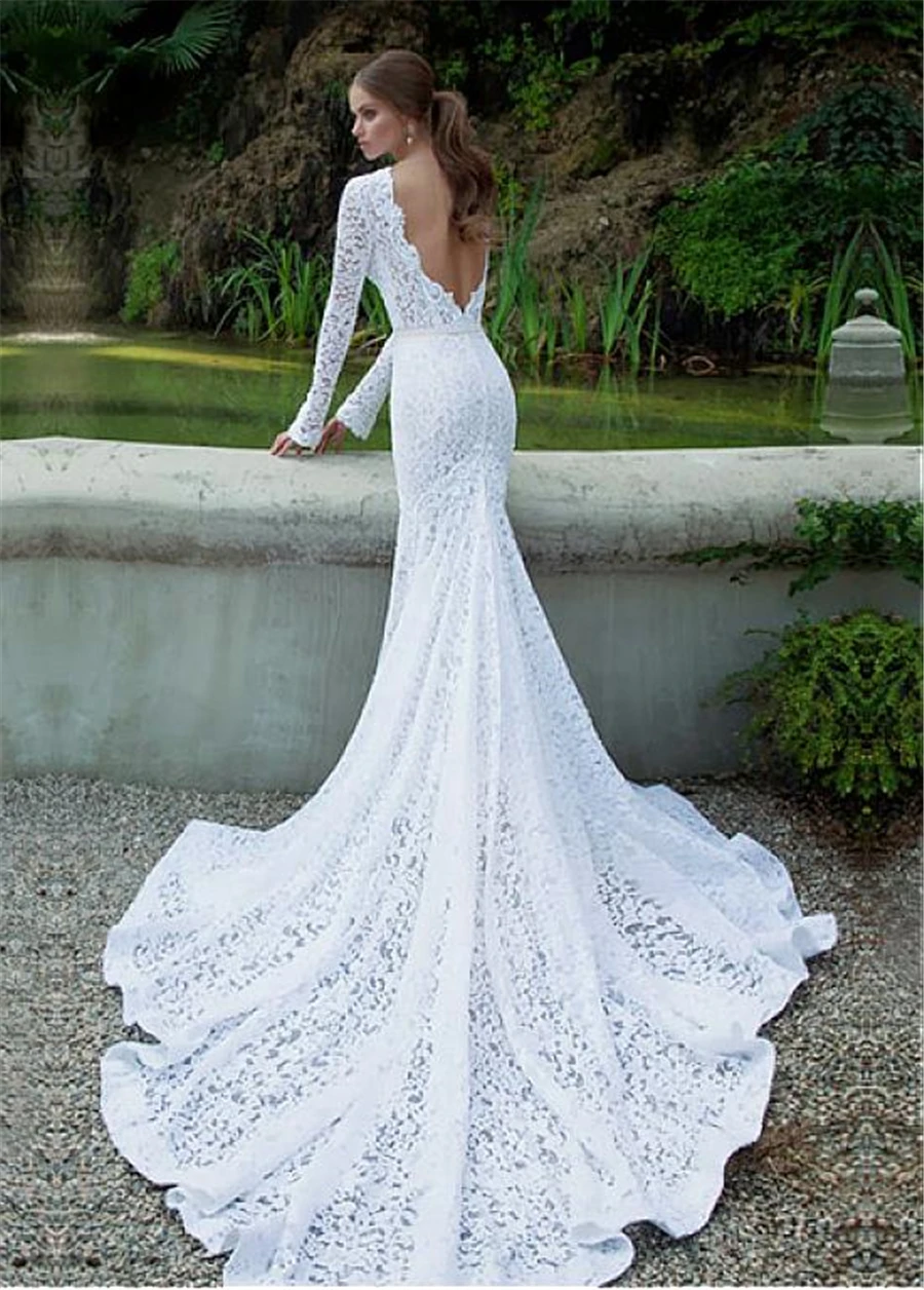long sleeve lace back wedding dress