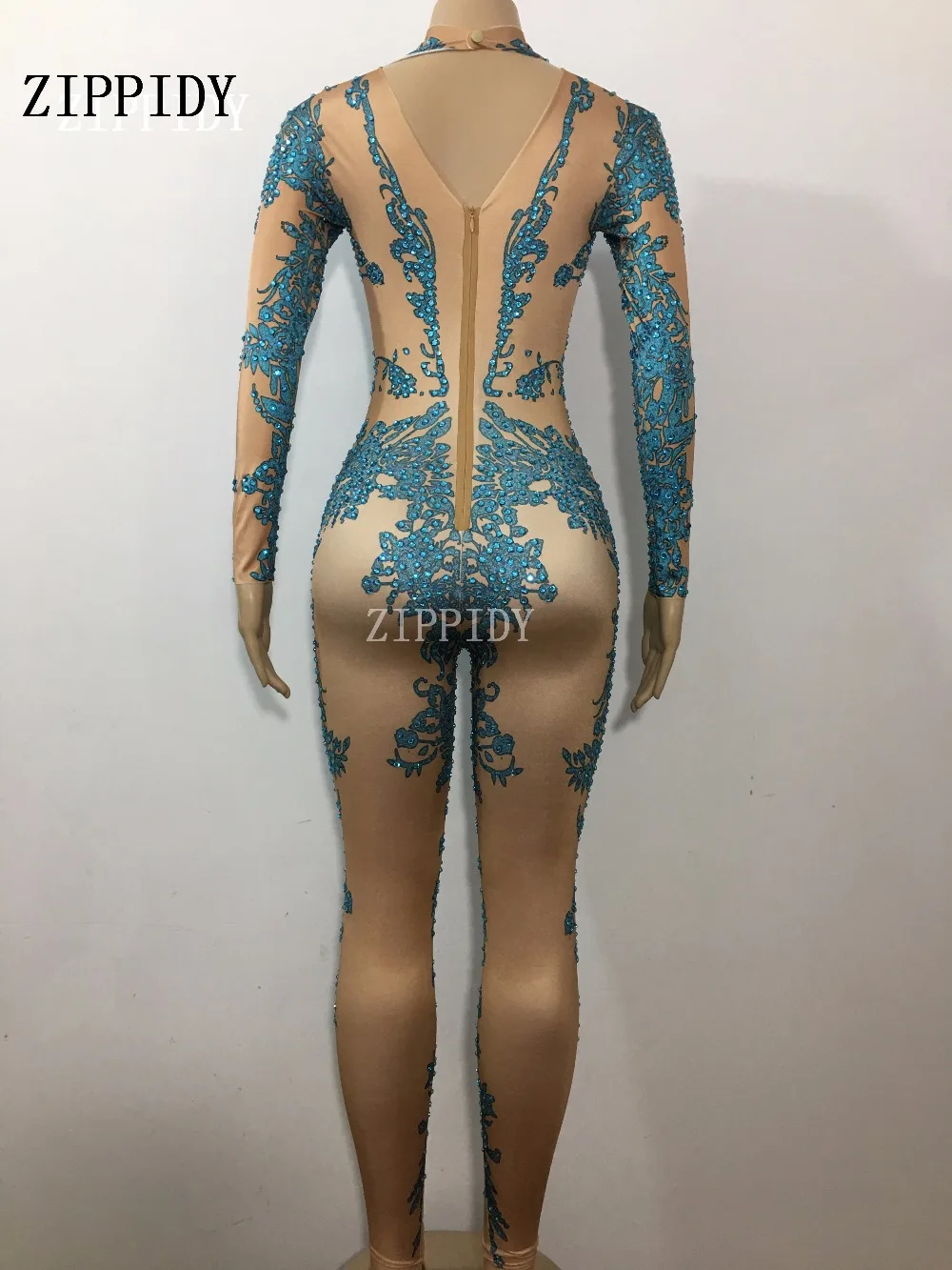 Fashion AB Rhinestones Sparkly Jumpsuit  Sexy Nude Big Stretch Dance Costume One-piece Bodysuit Birthday Outfit Party 