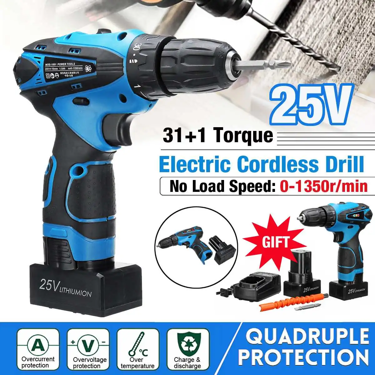 

Portable 2Speed Variations Electric Cordless Drill 31+1 Torque 3/8" Chuck 25V Li-Ion Battery LED Light 3IN1 Trigger Switch Power