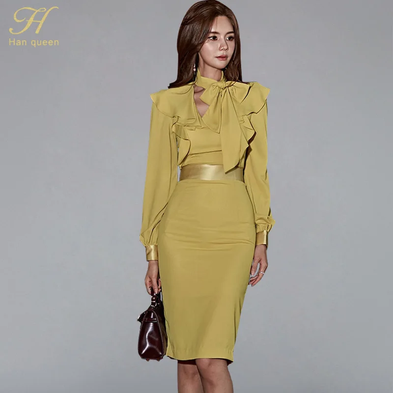 

H Han Queen Lantern Sleeve Ruffles Ribbon Sashes Dress Women Autumn Korean Elegant Sexy Pencil Dresses Bodycon Sheath Vestidos