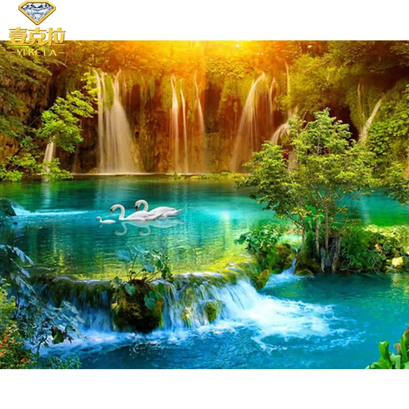 

YIKELA Full Square Diy Diamond Painting Swan Lake Waterfall Diamond Embroidery Cross Stitch Rhinestone Painting Home Decor Gift