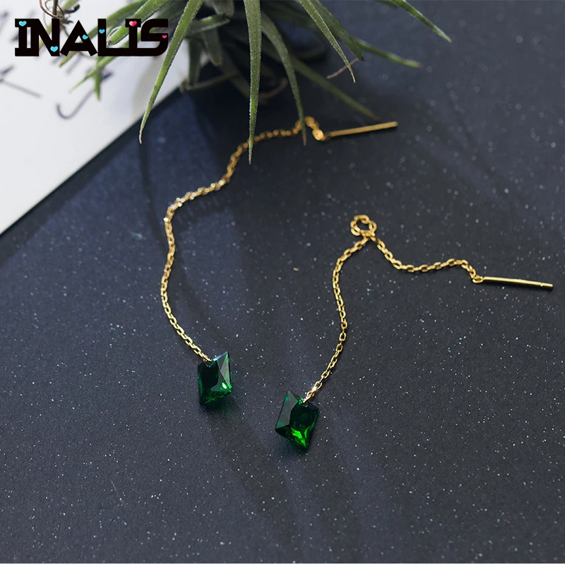 

INALIS New Elegant Long Chian Drop Earrings S925 Sterling Silver Single Square Emerald Green CZ Crystal Dangle Brincos for Women