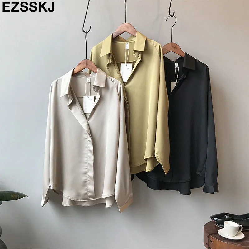 

2019 new chic casual loose poplin shirt female temperamen silk blouse shirt women elegant Korean solid color oversize top