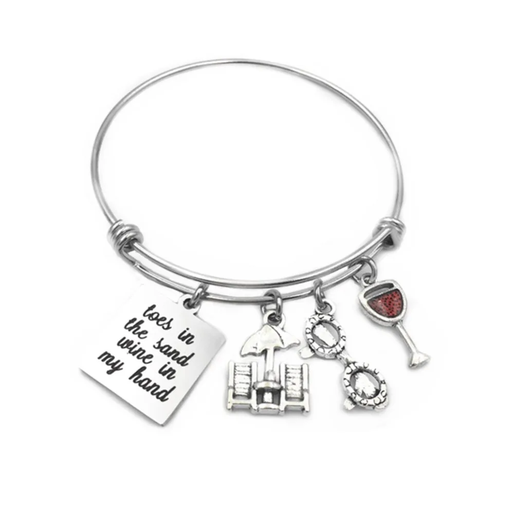 2.5 inches Adjustable Expandable Wire Bangle Toes in the Sand Wine in the Hand Beach Chair Sunglasses Charms Bracelets 2.5 inches Adjustable Expandable Wire Bangle Toes in the Sand Wine in the Hand Beach Chair Sunglasses Charms Bracelets