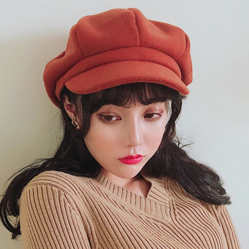 

HT1983 Wool Hats for Women Autumn Winter Women Hat Retro Vintage Women Berets Solid Plain Octagonal Newsboy Cap Female Beret Hat