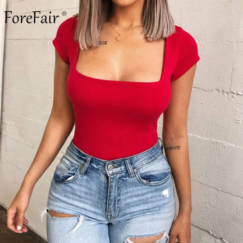 Forefair ارتداءها المرأة الصيف حللا مثير Bodycon قصيرة الأكمام ساحة الرقبة الأساسية المآزر الأحمر الأسود الأبيض الجسم أعلى 2019