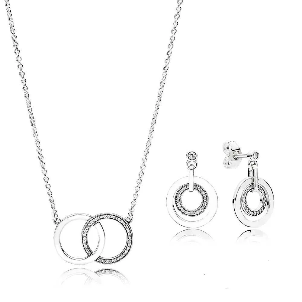 

NEW 100% 925 Sterling Silver Circles Gift Set Original Clear CZ Fit European Girl Charms Necklace with Earring DIY Jewelry Set