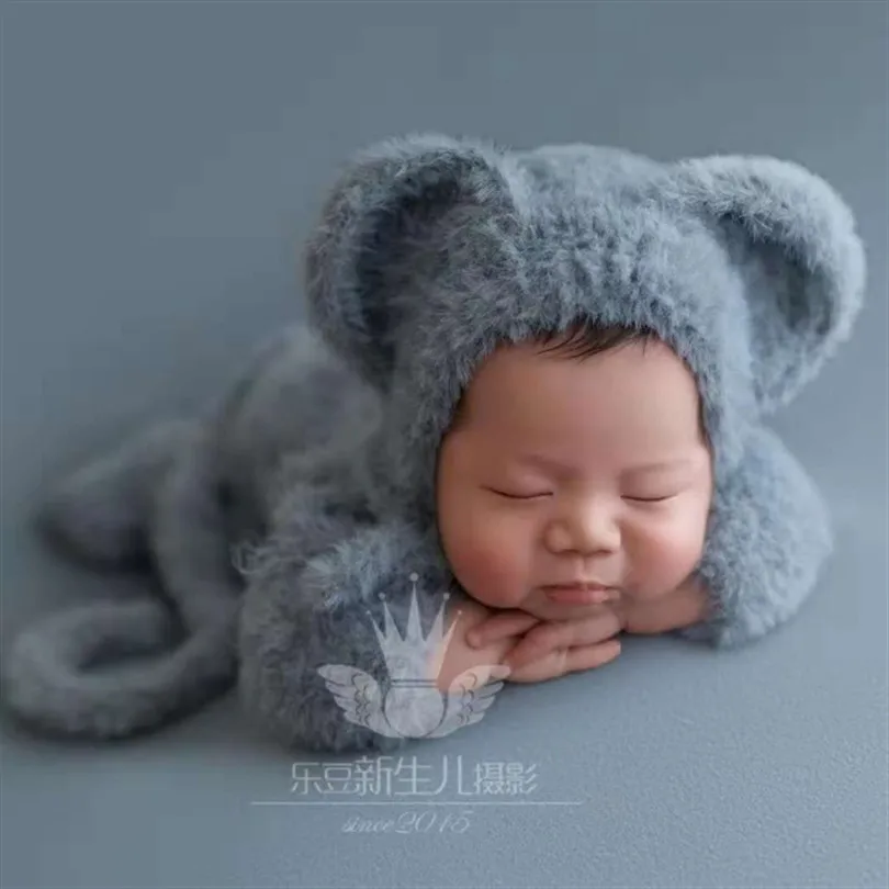 Предварительный заказ Fuzzy новорожденных плюшевый медведь костюм Винтаж комбинезоны для новорожденных; реквизит вязать подштанники для девочек, комбинезон с капюшоном, шапочка-медвежонок Подставки для фотографий шляпа