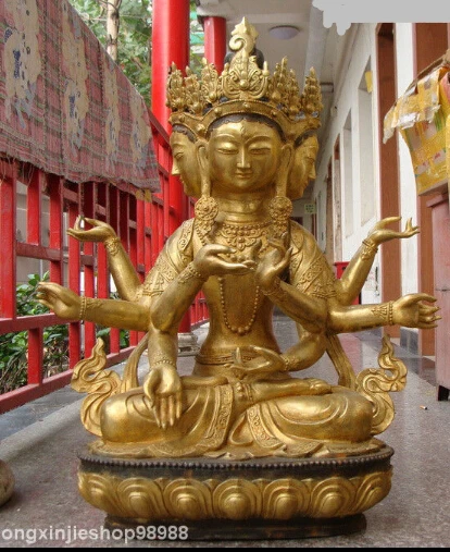 

32"Huge Tibet Buddhism Bronze Gold 4 faced 8 Arm Kwan-Yin Buddha statue