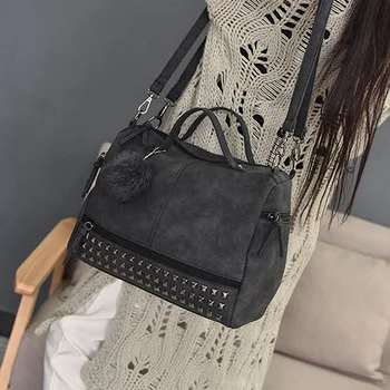 

Fashion Vintage Nubuck Leather Ladies Handbags Rivet Larger Women Bags Hair Ball Shoulder Bag Motorcycle Messenger Bag Hand Bag