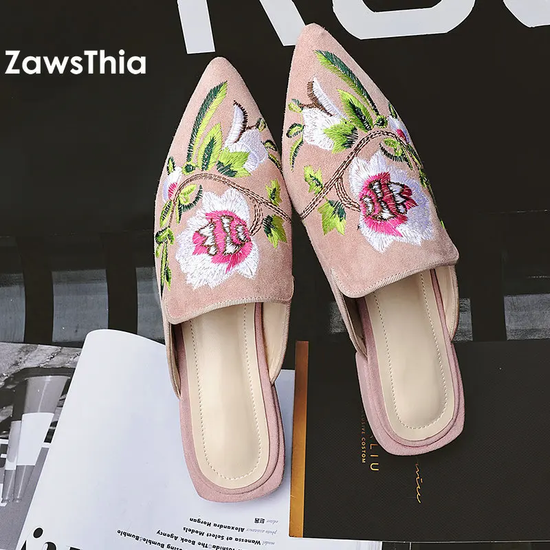 

ZawsThia 2019 genuine leather flower embroidery slides woman casul shoes outdoor slippers flat heel embroider floral women mules