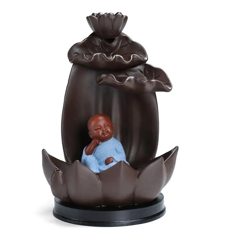 Little Monk Ceramic Censer Backflow Incense Burner Smoke Waterfall Incense Holder With Led Light Home Decor Use In Home Office