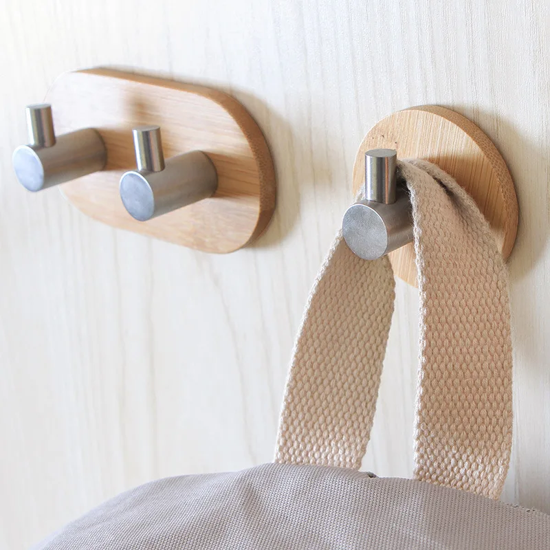 

1Pcs Bamboo Stainless Steel Hook Creative Practical Bathroom Kitchen Door Back Nail-free Sticker Adhesive Hook Home Organizer
