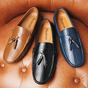 

Men Loafers Fashion Mens Shoes Driving Handmade Moccasins Soft Leather Blue brown black Slip on Mens Boat Shoe Plus Size shoes