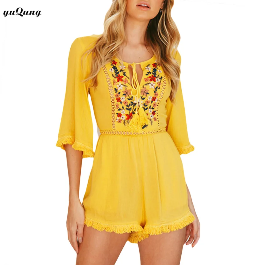 yuqung 2017 Women autumn Sexy Rompers embroidery floral tassel beach