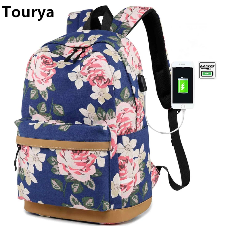 Тканевый рюкзак Tourya женский с цветочным принтом и usb зарядкой школьная сумка для