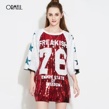 

ORMELL Fashion Number Print Glitter Girls T-shirt 2017 Summer O Neck Half Sleeve Pullover Lady T-shirts Party Women Loose Tops