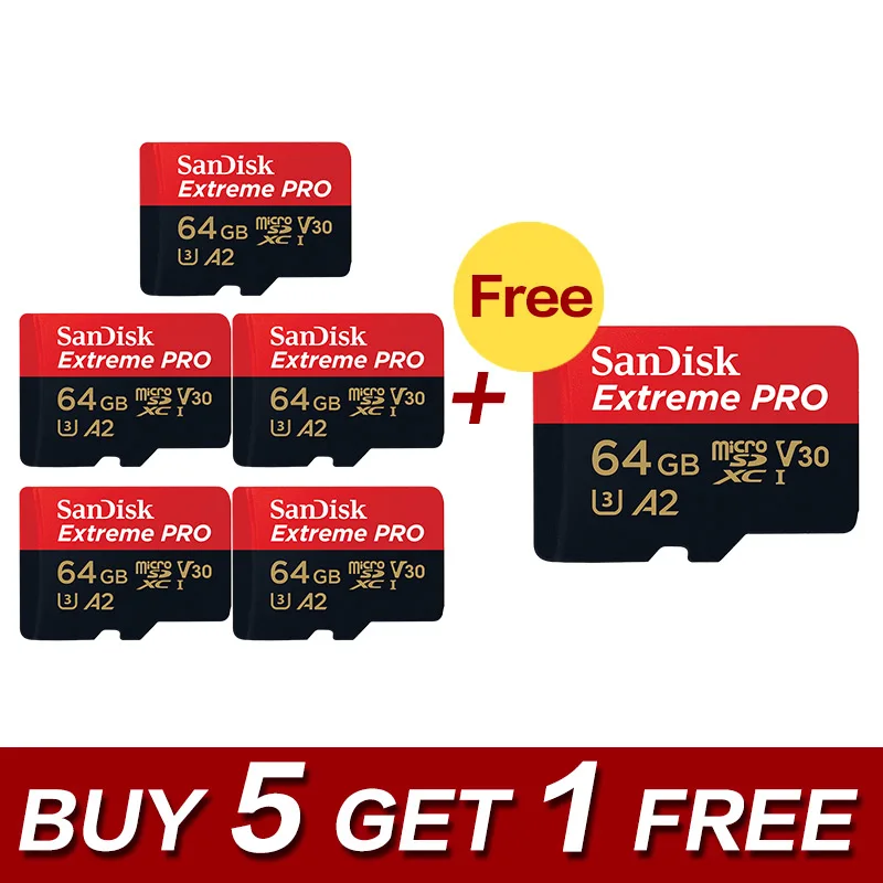 Купите Five Get one sandisk Pro tf-карта A2 4K U3 V30 Micro SD карта 32 Гб карта памяти Mini 64 Гб 5+ 1 флэш-карта - Емкость: 64GB